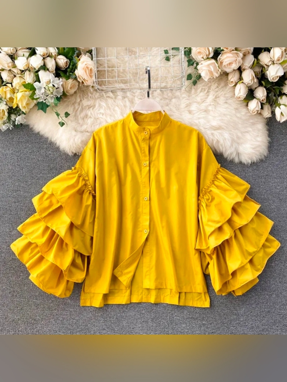 Women’s Mustard Yellow Ruffled-Sleeve Button Down Shirt